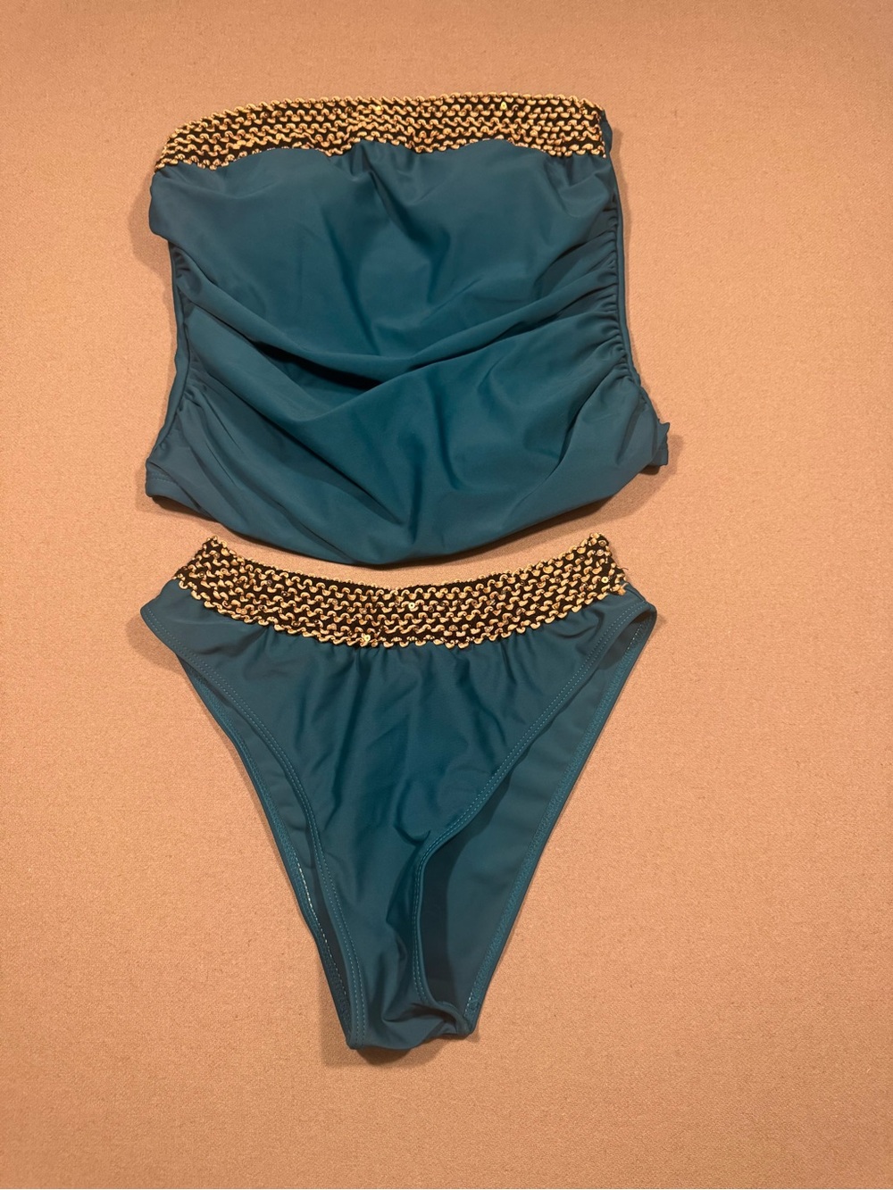 Emerald green Bandeau Tankini Set with Gold-Accent Trim women’s medium swimsuit